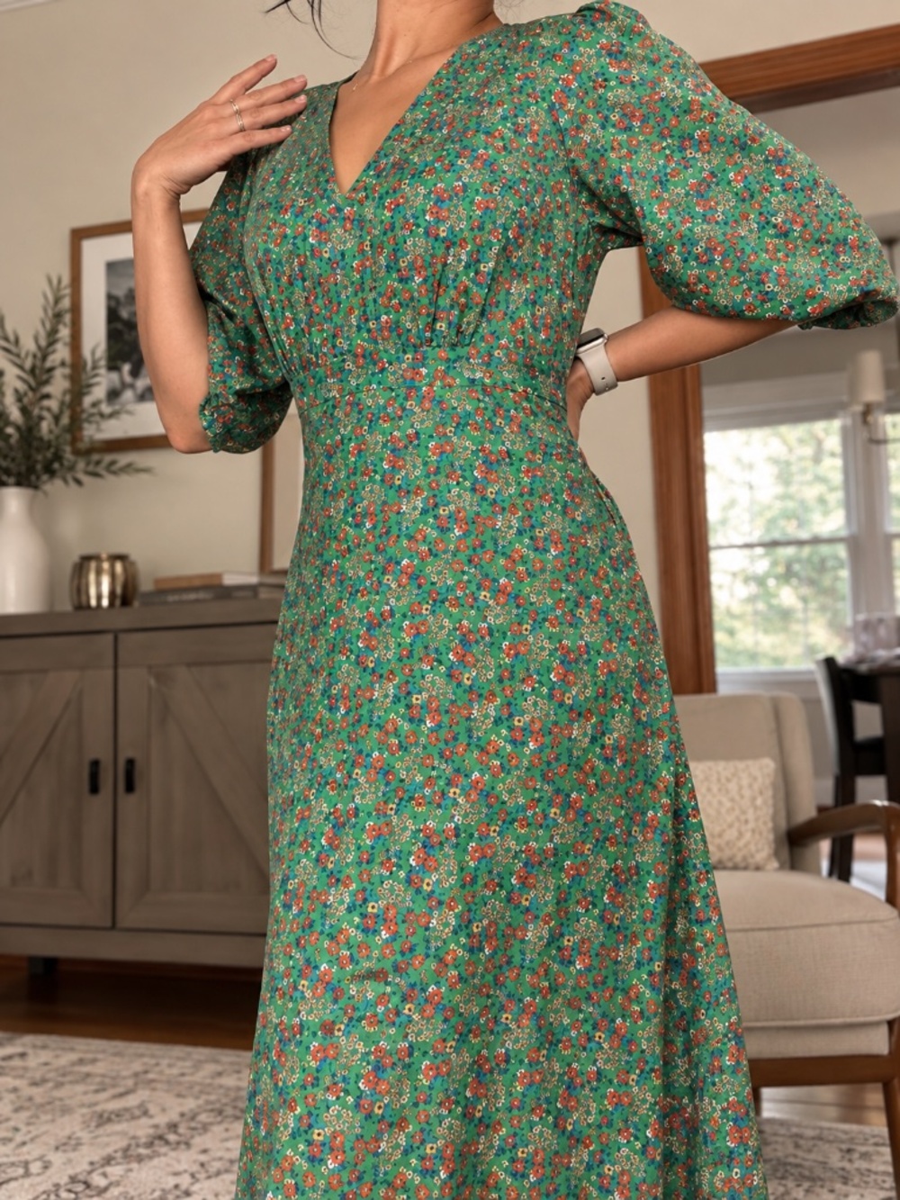 Boden silk Green Floral Maxi Dress Puff Sleeve Cottagecore Vintage Inspired